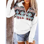 Women's Sweatshirts Geometric Vintage Casual Long Sleeve Turtleneck Regular Tops Street Dailywear Zip Up Pocket Print Black White Red Blue Dark Blue F - Image 2