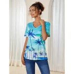 Women's T Shirt Plants Hawaiian Short Sleeve V Neck Regular Tops Vacation Print Green Summer 2025