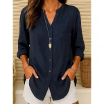 Women's Cotton Linen Shirt  Plain Vintage Long Sleeve V Neck Regular Tops Daily Weekend Vacation Wear Pink purple White Navy Blue Blue Orange Summer S