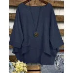 Women's Cotton Linen Blouse Solid Color Elegant Casual 3/4 Length Sleeve Crew Neck Boat Neck Regular Tops Daily Holiday Black White Navy Blue Green Su - Image 4