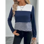 Women's T shirt Crew Neck Long Sleeve Tunic Striped Casual  Regular Tops Daily Print Blue Spring Fall 2025 - Image 2
