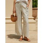 Women's Cotton Linen Wide Leg Chinos Ethnic Style Basic Casual Full Length Medium Waist Plain Pocket Comfort Outdoor Inelastic Causal Daily Black Whit - Image 3