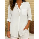 Women's Cotton Linen Shirt  Plain Vintage Long Sleeve V Neck Regular Tops Daily Weekend Vacation Wear Pink purple White Navy Blue Blue Orange Summer S - Image 3