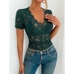 Women's Blouse Lace Tops Solid Color Stylish Casual Short Sleeve V Neck Regular Tops Daily Lace Patchwork Black White Green Summer Spring 2025 - Image 2