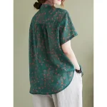 Women's Cotton Linen Shirts Floral Basic Casual Short Sleeve Shirt Collar Regular Tops Daily Buttons Print Blue Green Summer 2025 - Image 3