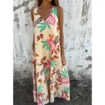 Women's Maxi Dress A Line Dress Slip Dress Vacation Casual Boho Outdoor Going out Regular Fit Floral Sleeveless V Neck Blue Apricot Beige Summer 2025