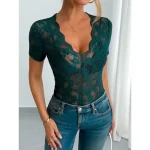 Women's Blouse Lace Tops Solid Color Stylish Casual Short Sleeve V Neck Regular Tops Daily Lace Patchwork Black White Green Summer Spring 2025 - Image 5