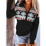 Women's Sweatshirts Geometric Vintage Casual Long Sleeve Turtleneck Regular Tops Street Dailywear Zip Up Pocket Print Black White Red Blue Dark Blue F - Image 3