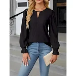 Women's Blouse Solid Color Elegant Stylish Basic Long Sleeve Crew Neck Regular Tops Daily Black White Blue Khaki Summer Spring 2025 - Image 3