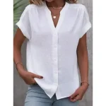 Women's Shirt Button Down Blouse Solid Color Stylish Casual Short Sleeve Notched Neck Regular Tops Daily Buttons White Summer 2025 - Image 2