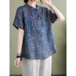 Women's Cotton Linen Shirts Floral Basic Casual Short Sleeve Shirt Collar Regular Tops Daily Buttons Print Blue Green Summer 2025