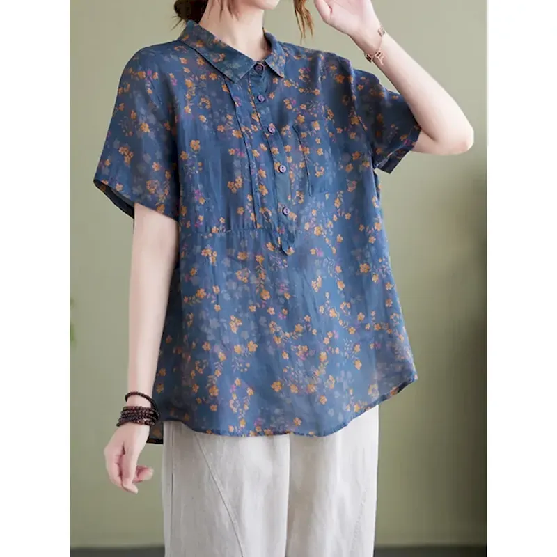 upcgub1750388027945.webp Women's Cotton Linen Shirts Floral Basic Casual Short Sleeve Shirt Collar Regular Tops Daily Buttons Print Blue Green Summer 2025 - Image 1