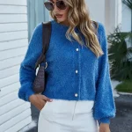 Women's Sweater Pullover Sweater Fuzzy Jumper Crew Neck Ribbed Knit Button Knitted Fall Winter Outdoor Daily Weekend Casual Soft Long Sleeve Pure Colo - Image 2