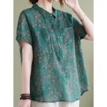 Women's Cotton Linen Shirts Floral Basic Casual Short Sleeve Shirt Collar Regular Tops Daily Buttons Print Blue Green Summer 2025 - Image 4