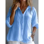 Women's 100% Cotton Shirt Solid Color Plain Stylish Casual Long Sleeve Shirt Collar Regular Tops Daily Holiday Buttons White Yellow Pink Blue Summer S - Image 4