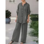 Women's Basic Shirt Two Piece Sets Pants Sets Wide Leg Pants Trousers Long Sleeve Shirt Collar Plain Daily Wear Casual Daily Navy Blue Orange Brown Sp - Image 2