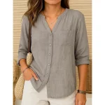 Women's Cotton Linen Shirt  Plain Vintage Long Sleeve V Neck Regular Tops Daily Weekend Vacation Wear Pink purple White Navy Blue Blue Orange Summer S - Image 4