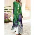 Women's Maxi Dress Shift Dress A Line Dress Party Casual Boho Daily Date Going out Regular Fit Ombre Graphic Tie Dye Long Sleeve Crew Neck Red Blue Or - Image 2