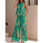Women's Elegant Fashion Streetwear Two Piece Sets Blouse Vest Pants Trousers Sleeveless Crew Neck Outdoor Work Casual Floral Print Vacation Vintage Da - Image 3