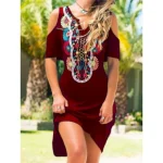 Women's Mini Dress Petite Dress Casual Dress Boho Dress Vintage Ethnic Casual Daily Regular Fit Floral Butterfly Short Sleeve Notched Neck Black Wine - Image 3