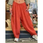 Women's Wide Leg Baggy Pants Solid Color Bloomers Fashion Basic Full Length Medium Waist Plain Pocket Elastic Waist Comfort Outdoor Micro-elastic Vaca - Image 2