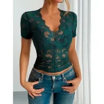Women's Blouse Lace Tops Solid Color Stylish Casual Short Sleeve V Neck Regular Tops Daily Lace Patchwork Black White Green Summer Spring 2025 - Image 3