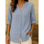 Women's Cotton Linen Shirt  Plain Vintage Long Sleeve V Neck Regular Tops Daily Weekend Vacation Wear Pink purple White Navy Blue Blue Orange Summer S - Image 5