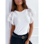 Women's Lace Splicing Top Sexy Sleeveless Crew Neck Regular Tops off white Black Summer Spring 2025 - Image 4