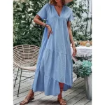 Women's Blue Sky Blue Green Summer Spring Maxi Dress Cotton Linen Dresses Casual Dress Basic Modern Daily Weekend Loose Fit Plain V Neck 2025