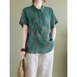 Women's Cotton Linen Shirts Floral Basic Casual Short Sleeve Shirt Collar Regular Tops Daily Buttons Print Blue Green Summer 2025 - Image 5