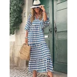 Women's Geometric Print V Neck Lantern Sleeve Maxi Dress Casual Daily Vacation 3/4 Length Sleeve Summer Spring 2025