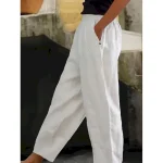 Women's Cotton Linen Pants Baggy Pants Linen Like Solid Color Fashion Ankle-Length Plain Side Pockets Comfort Inelastic Casual Weekend White Regular F - Image 2