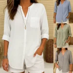 Women's Cotton Linen Shirt  Plain Vintage Long Sleeve V Neck Regular Tops Daily Weekend Vacation Wear Pink purple White Navy Blue Blue Orange Summer S - Image 2